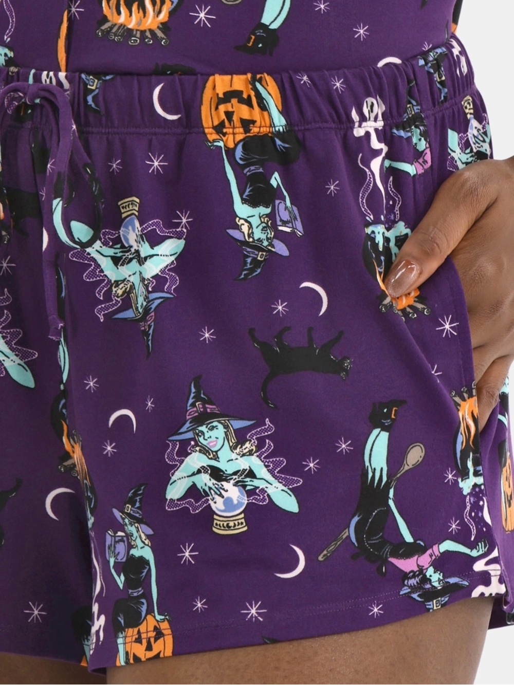 . Way To Celebrate Halloween Purple Witch Printed Button Up Shirt & Shorts Set - Picture 6 of 10